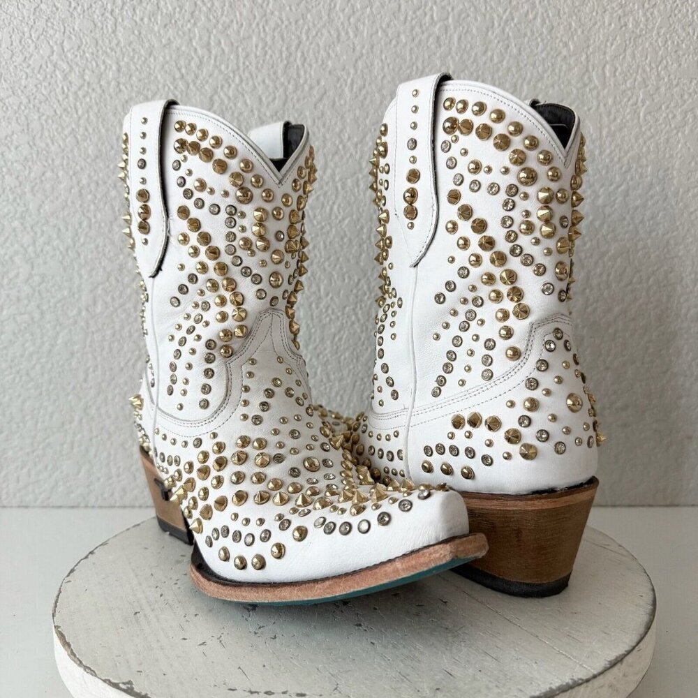 Lane DOLLY Womens Cowboy Bootie 8.5 White Gold Western Cowgirl Short Ankle Boots